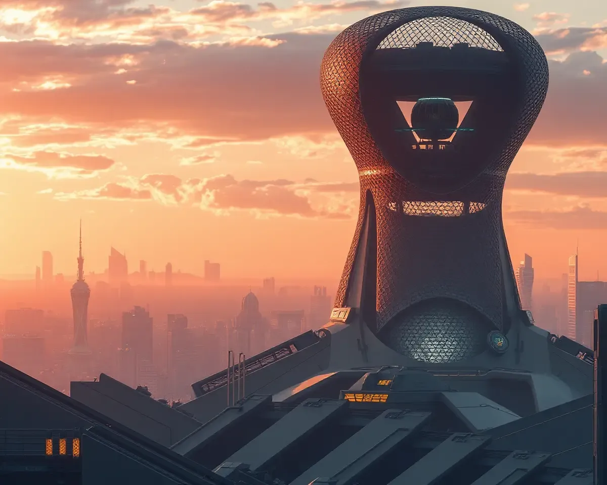 Futuristic Cityscape with Rashi Mesh Architecture in Background