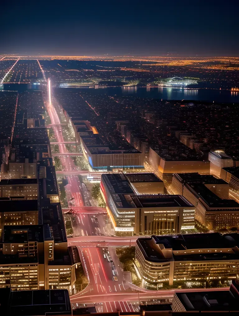 Futuristic Cityscape with Sparklers Illuminating Rooftops