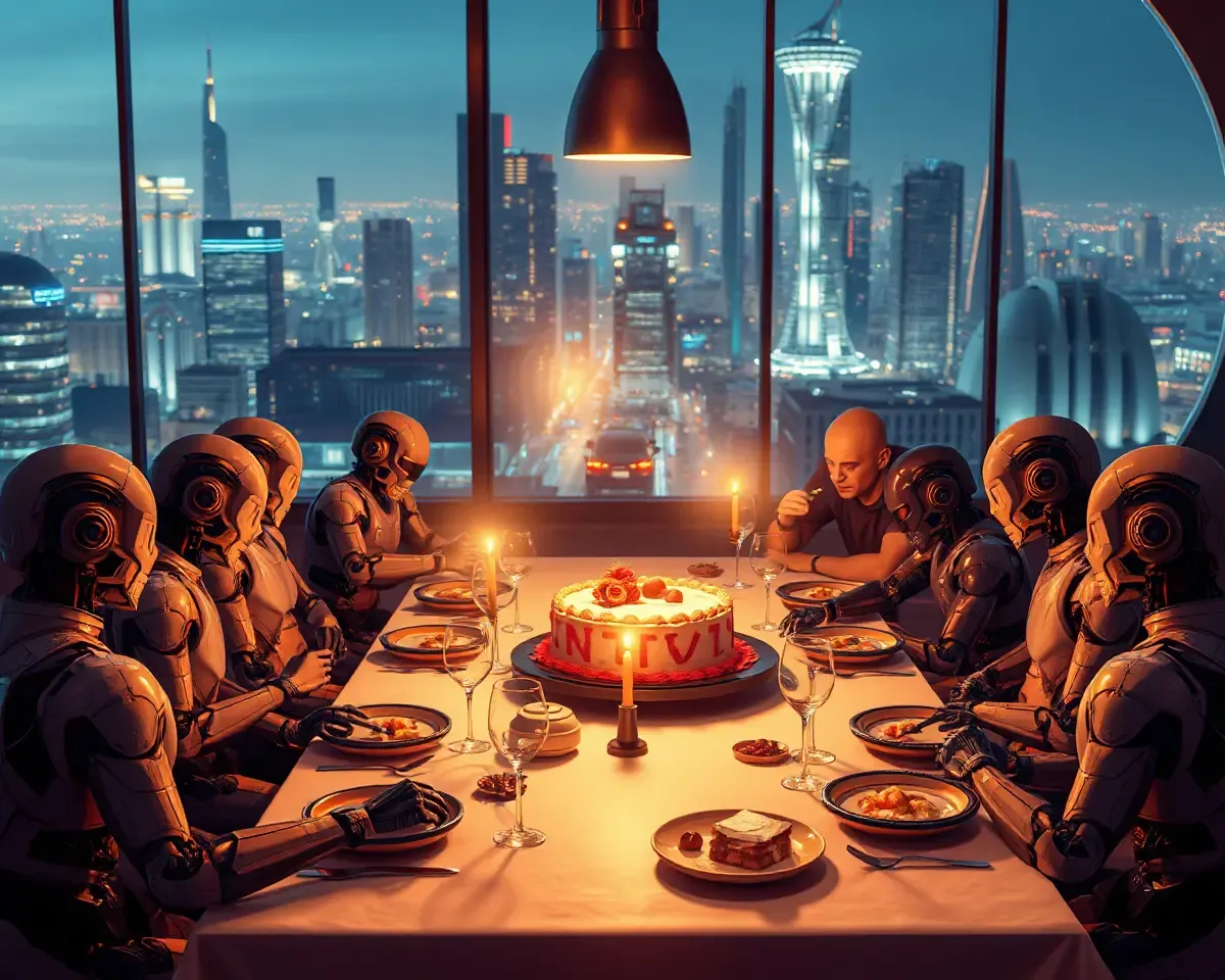 Futuristic Dinner with AI Cake and Cityscape View.