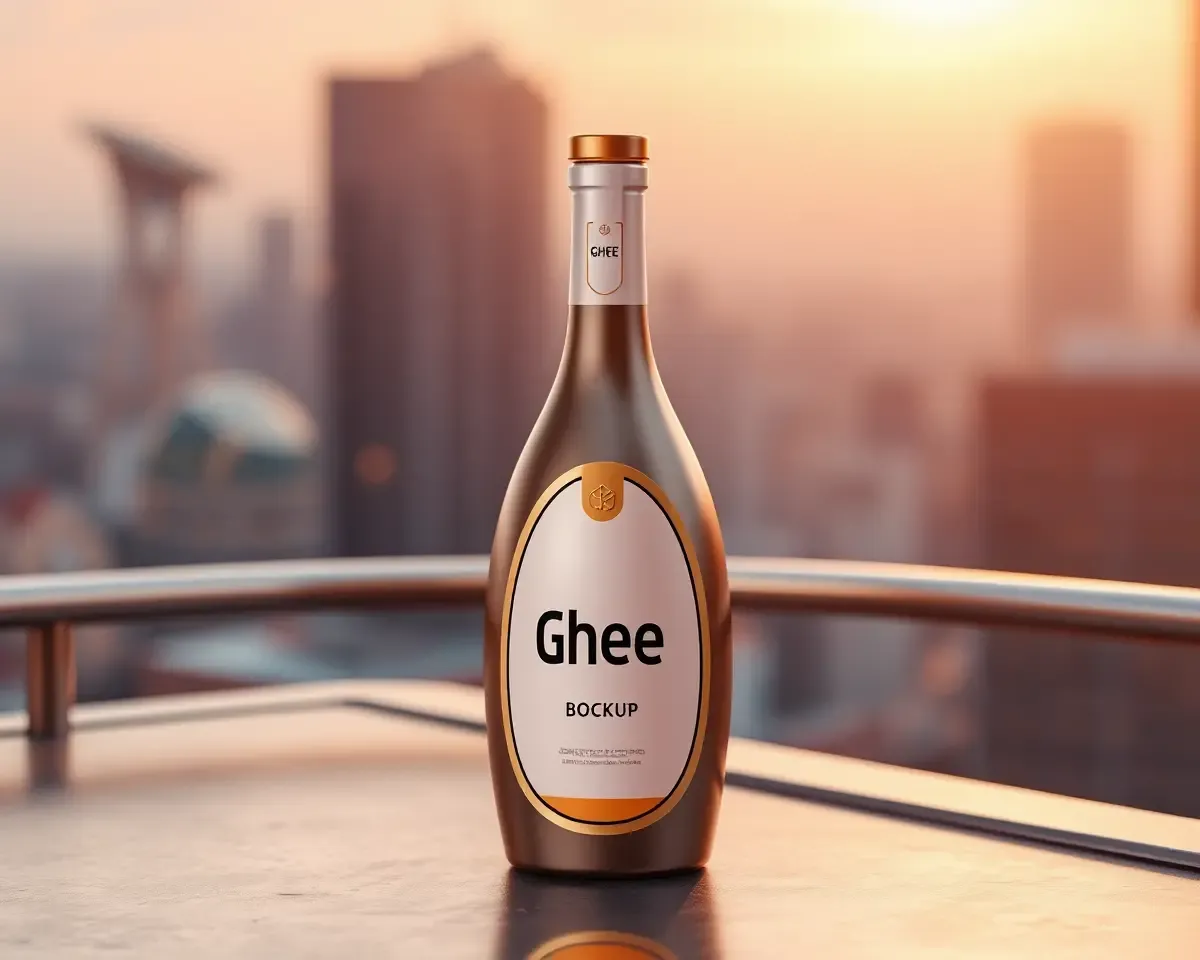 Futuristic Ghee Bottle Mockup with Cityscape Background