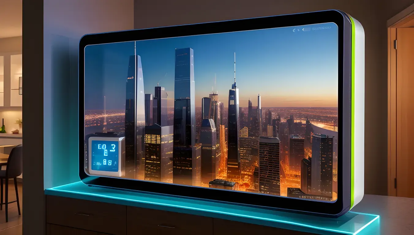 Futuristic Hygrometer Concept with Holographic Displays and Cityscape