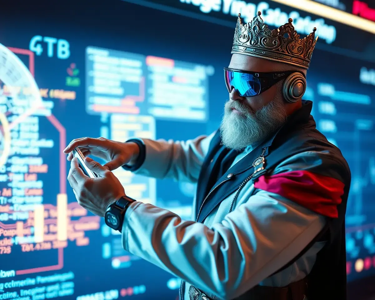 Futuristic King Edits Data Stream on Wrist Device