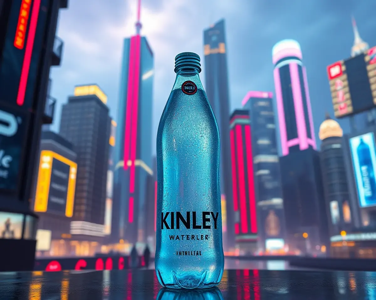 Futuristic Kinley Water Bottle in Neon Cityscape Background