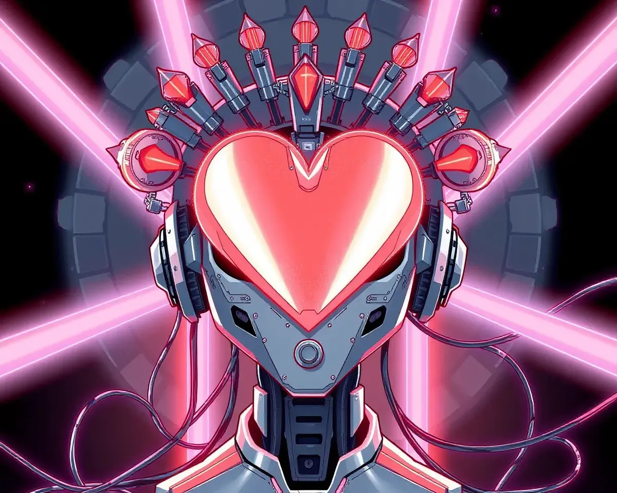 Futuristic Robot Wears Metallic Heart-Shaped Crown