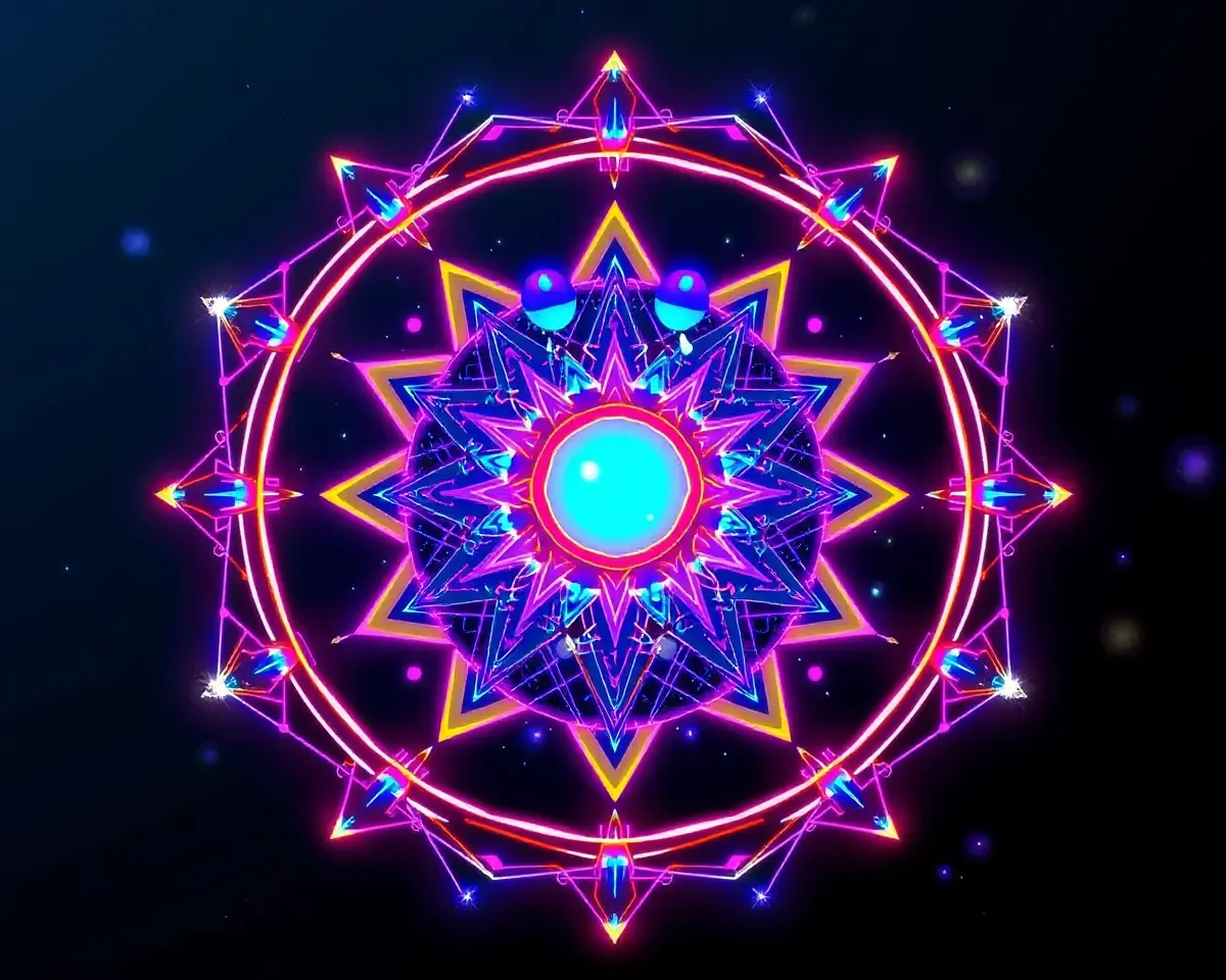 Futuristic Shanku Chakra Namam with Neon Lights and Geometry.