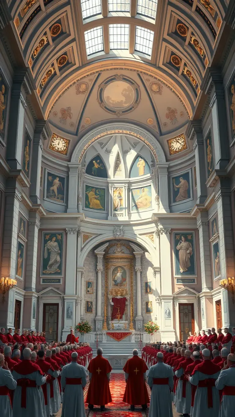 Futuristic Sistine Chapel Conclave 2025 Cardinal Gathering Illustration