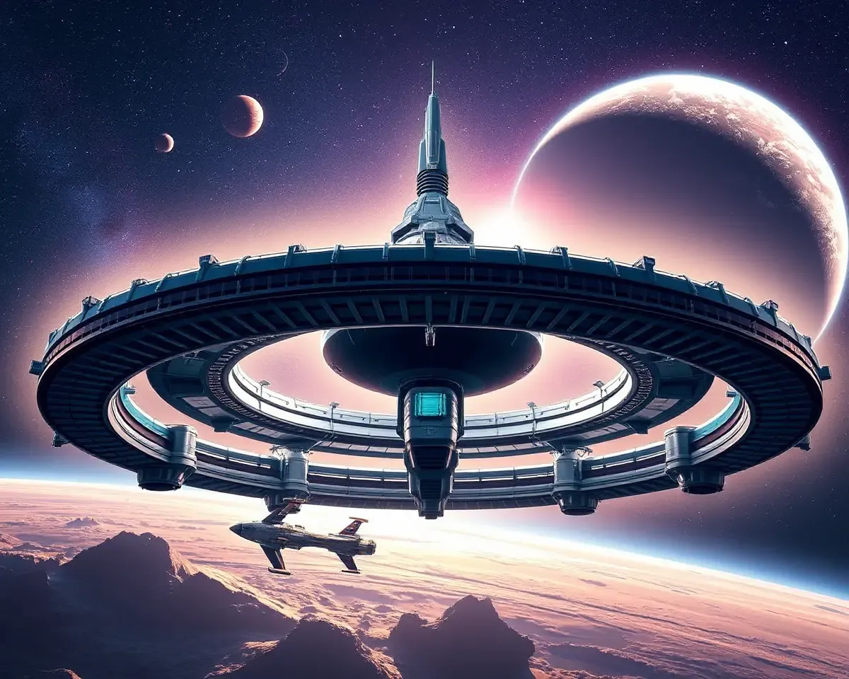 Futuristic Space Station Wallpaper with Stars and Planets HD