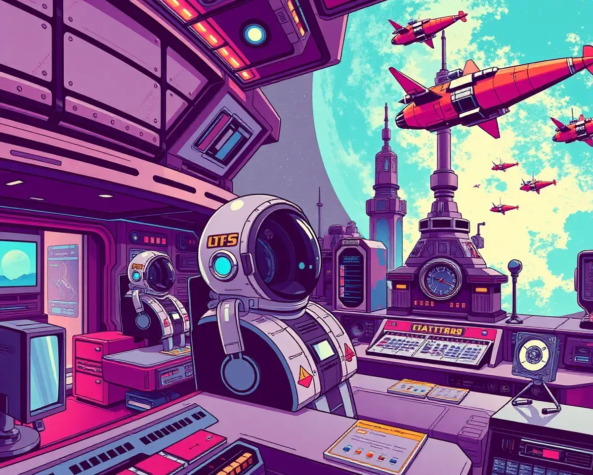 Futuristic Space Station with Astronauts and Spaceships Retro Anime Wallpaper