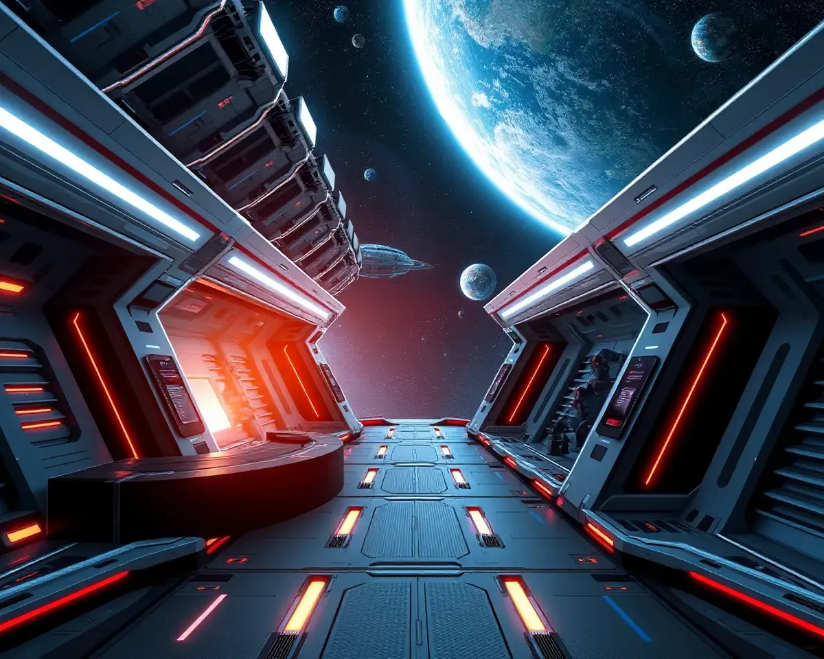 Futuristic Space Station with Neon Lights Wallpaper
