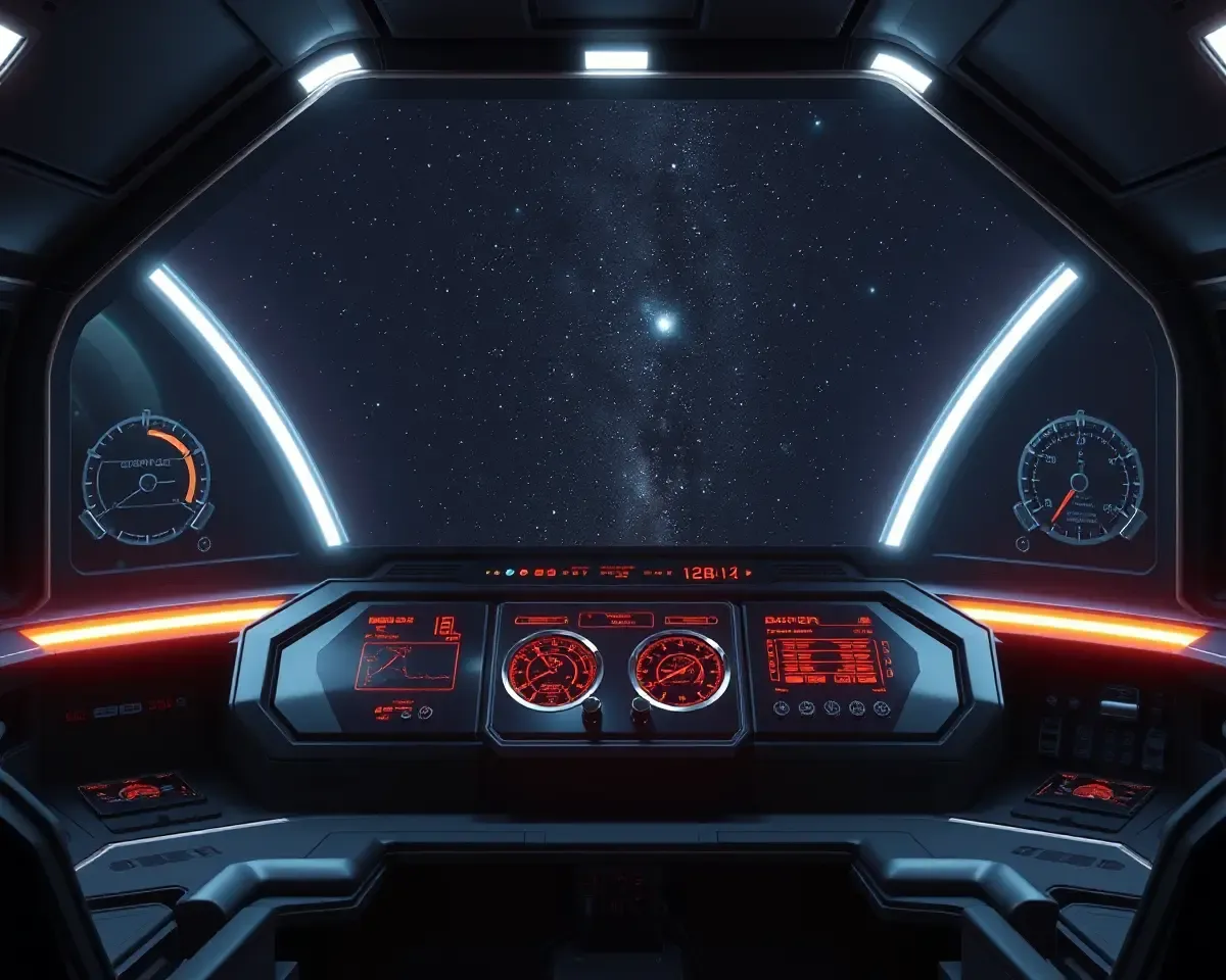 Futuristic Spaceship Control Panel with 18x12 Screen and Dark Metallic Background