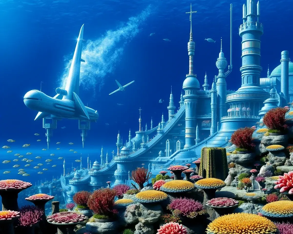 Futuristic Underwater City with Coral Reef Wallpaper