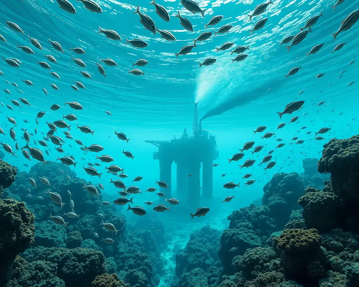 Futuristic Underwater Oil Rig with Fish and Coral