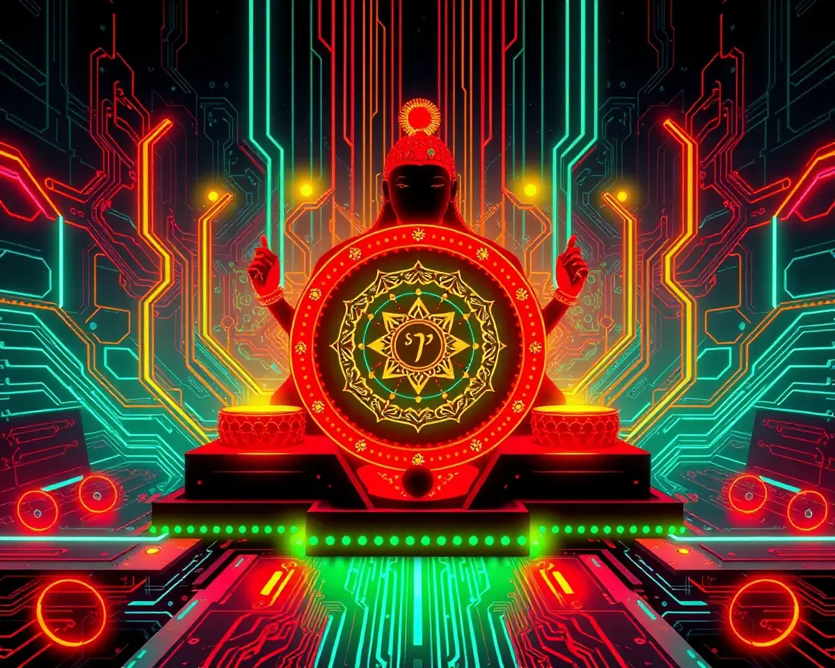 Futuristic Vastu Shanti Patrika Background with Neon Lights and Circuit Boards