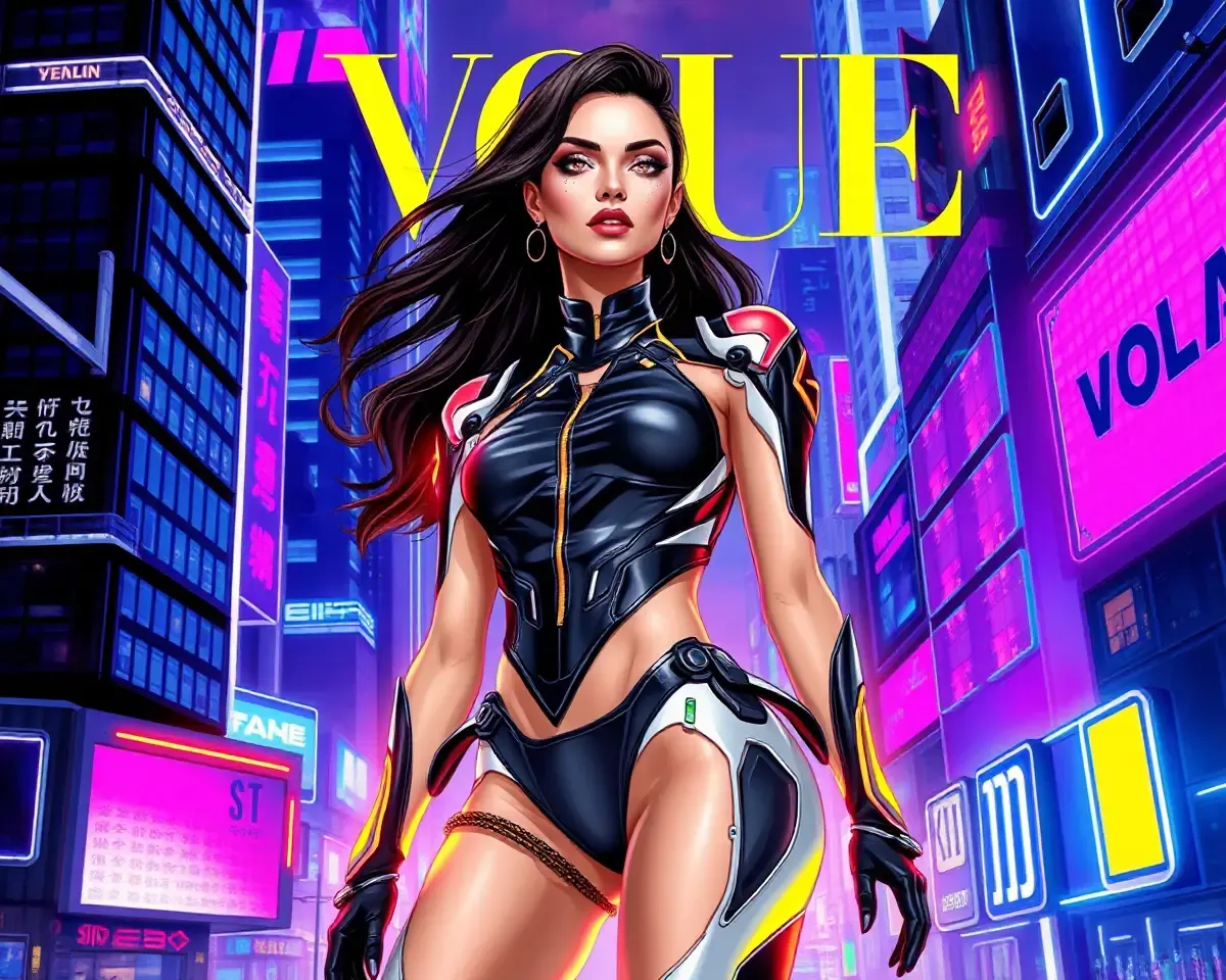 Futuristic Vogue Poster: Supermodel in High-Tech Outfit