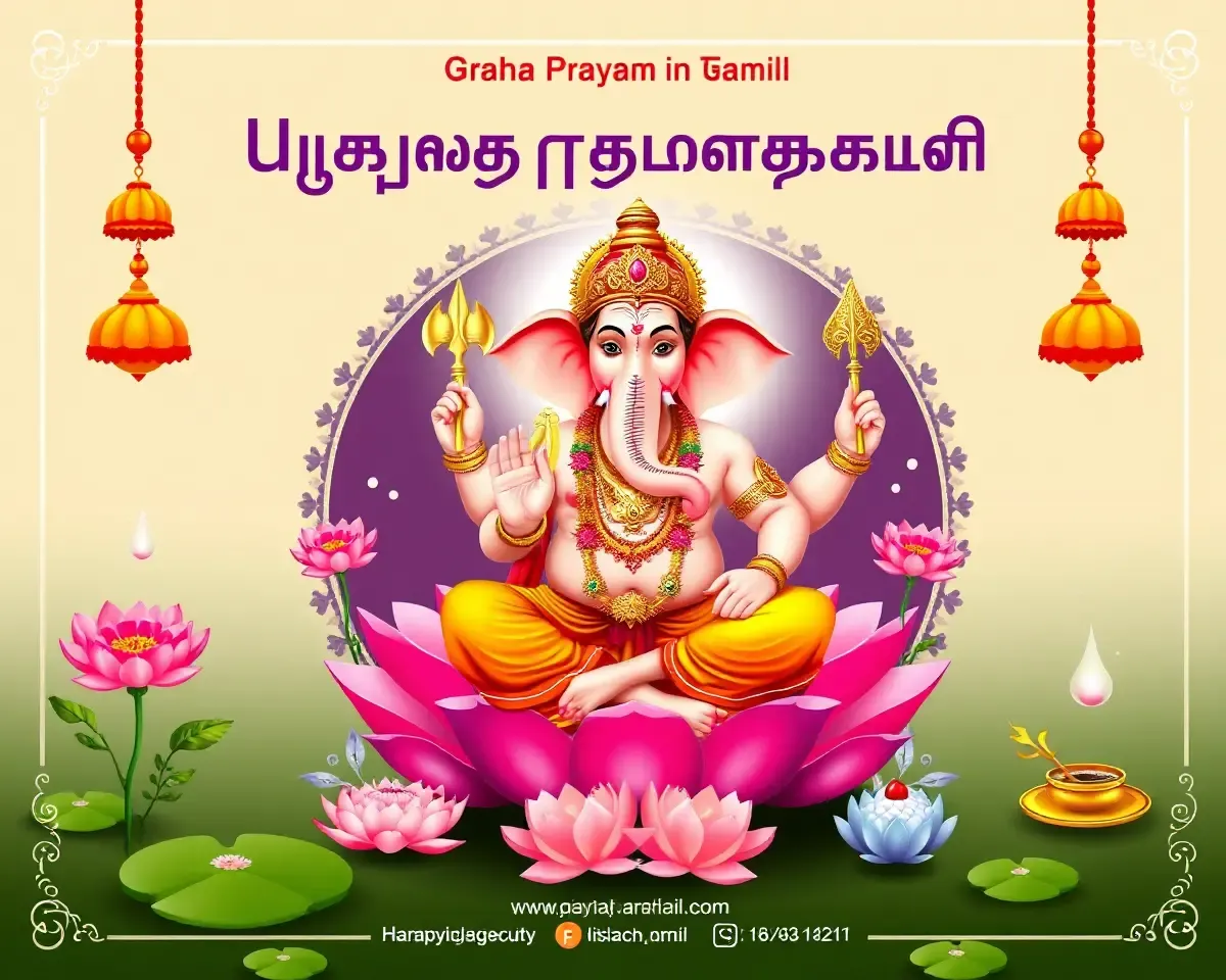 Ganesha Surrounded by Auspicious Symbols in Tamil Graha Pravesam Invitation