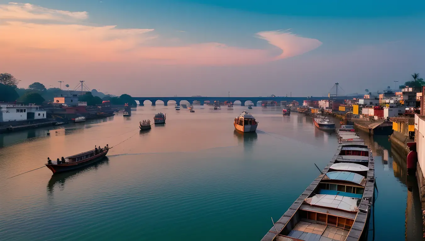 Ganges River at Sunset with Vibrant Colors and Boats