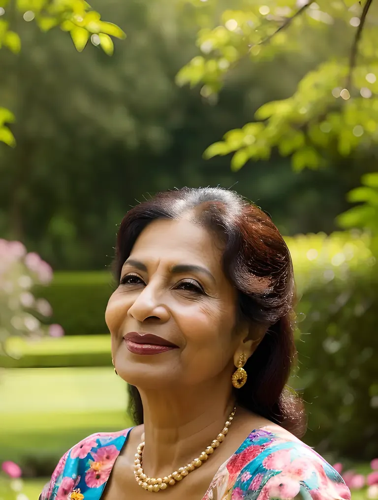 Garden Oasis: Beauty Aunty Surrounded by Vibrant Flowers