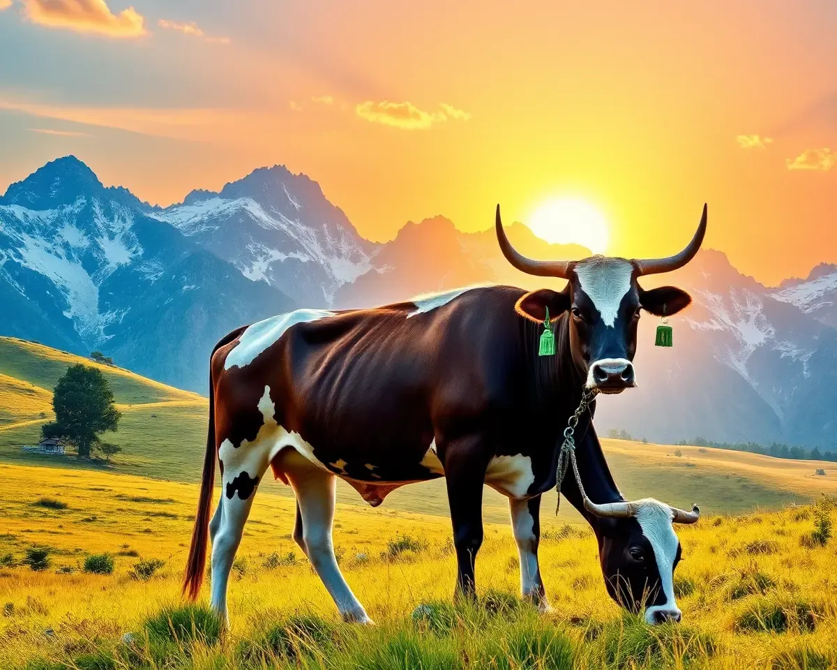 Gau Mata Standing in Front of Majestic Mountain Range with Cow