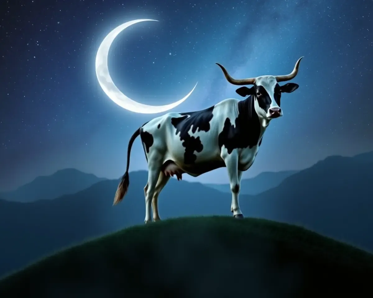 Gau Mata on Hill with Cow's Body as Crescent Moon
