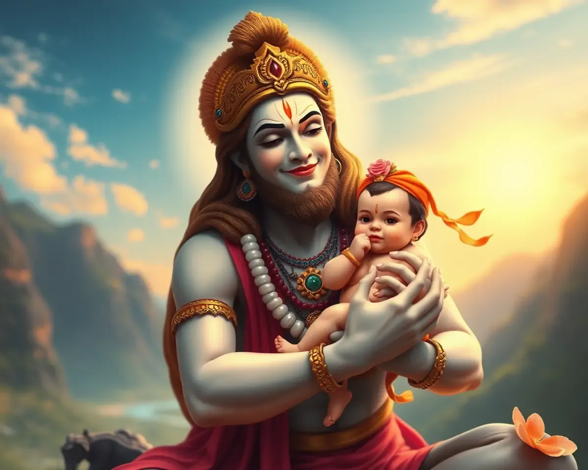 Gentle Hanuman Ji with Child and Warm Glow PNG