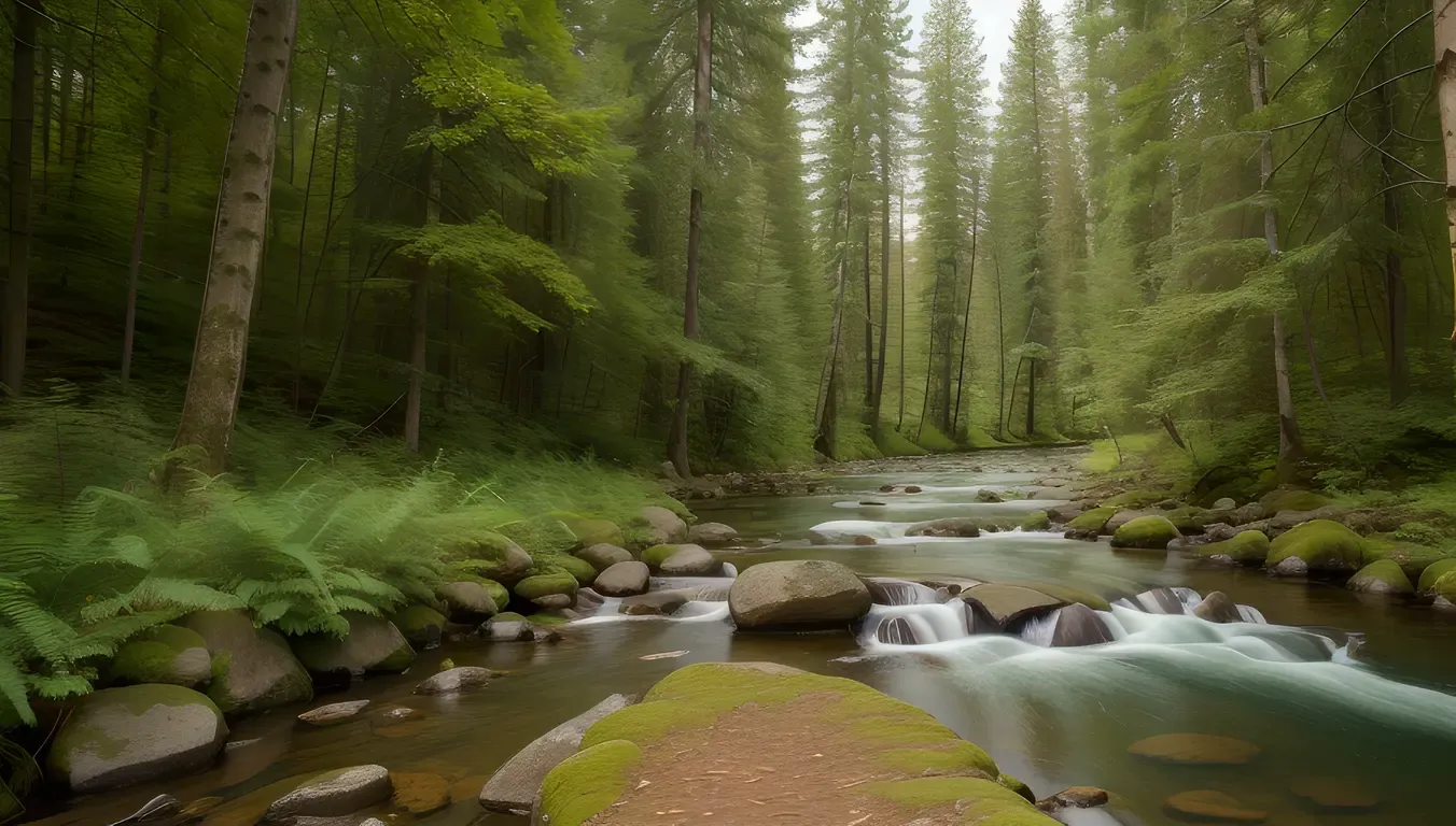 Gentle Stream Flows Through Serene Forest with Tall Trees
