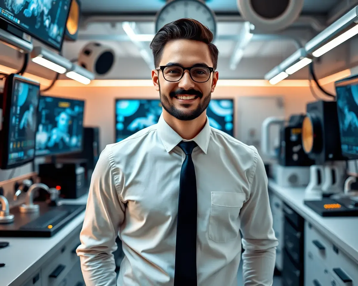 Gentleman in Futuristic Lab with 4K Gadgets
