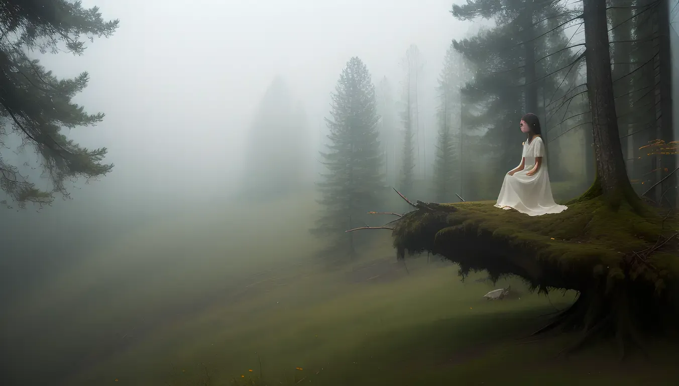 Ghost Girl Pic: Floating Misty Forest with Longing Expression