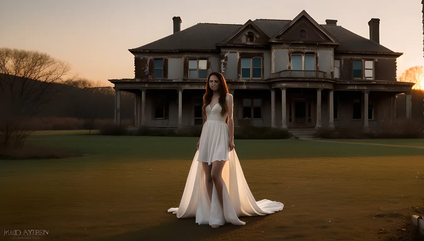 Ghost Girl Pic: Hauntingly Beautiful in Abandoned Mansion Sunset