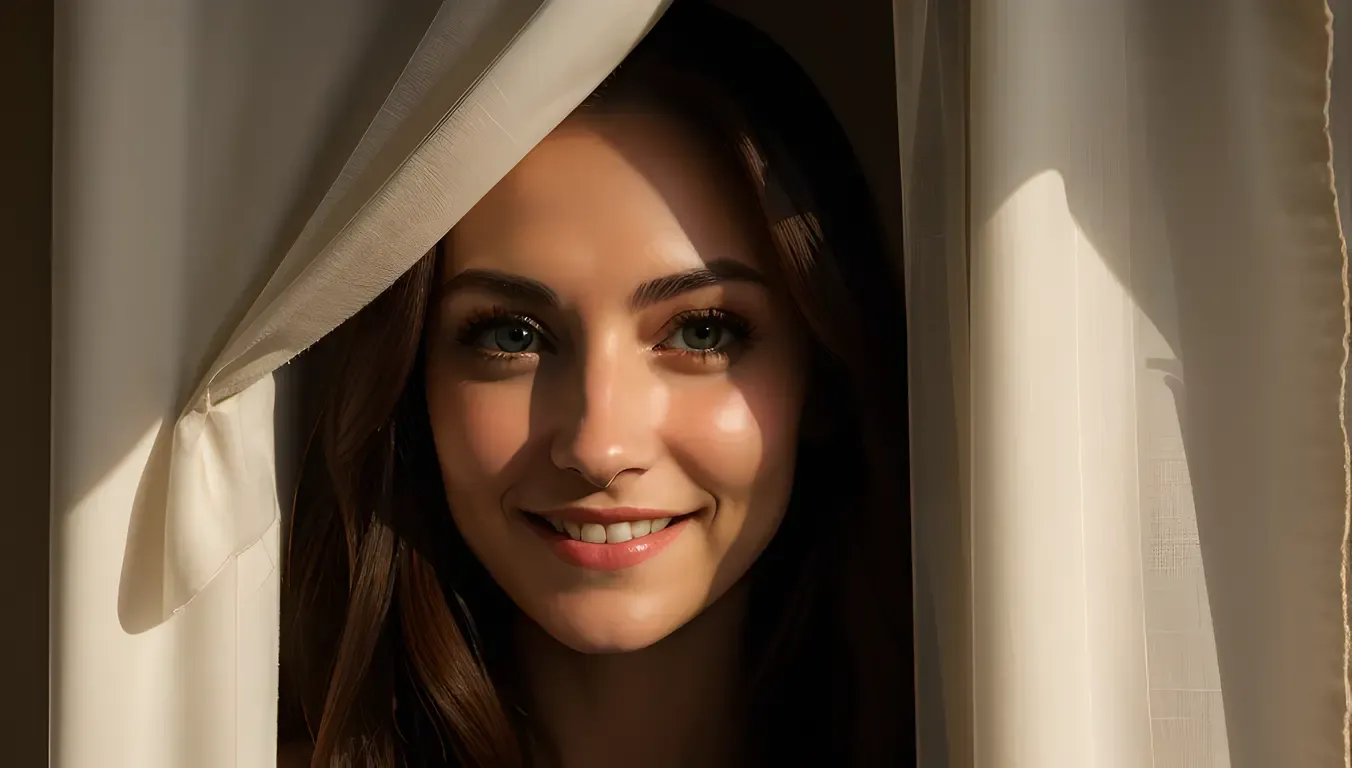 Ghost Girl Pic: Peeking from Tattered Curtain with Faint Smile
