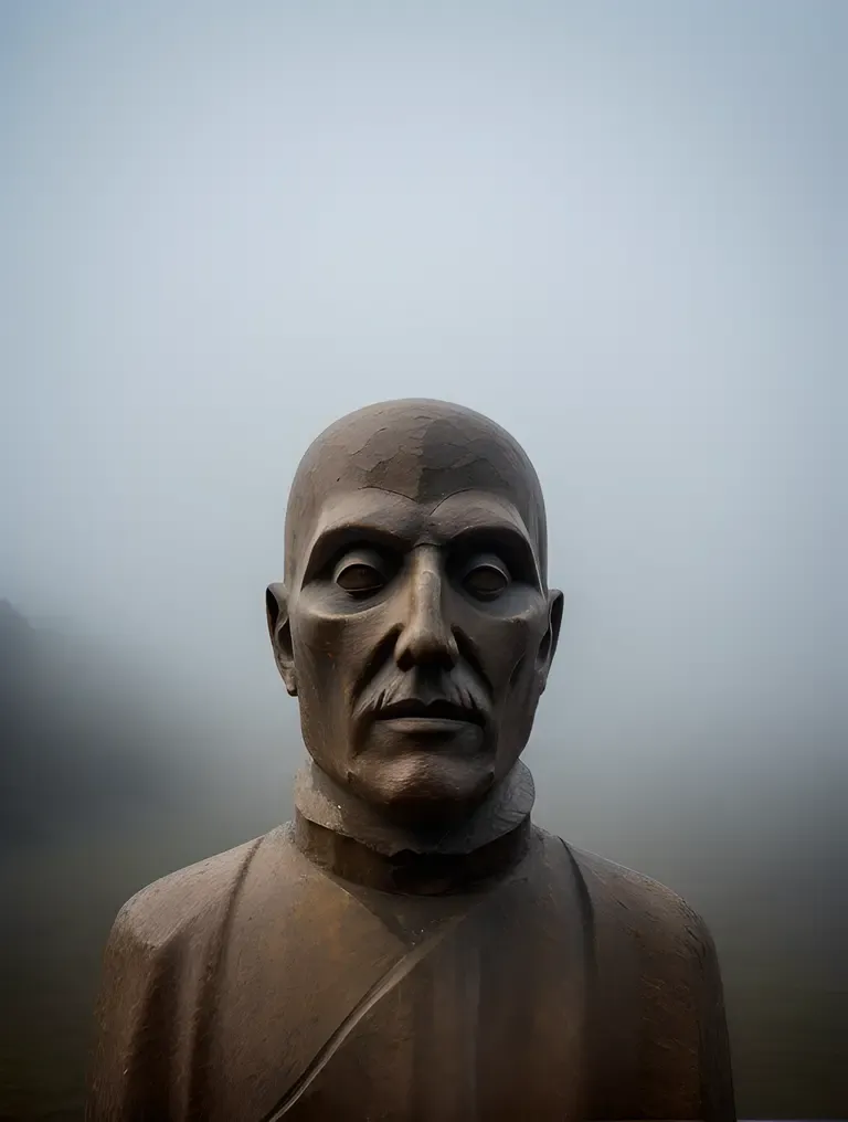 Ghostly Figure Shrouded in Misty Stone Carving