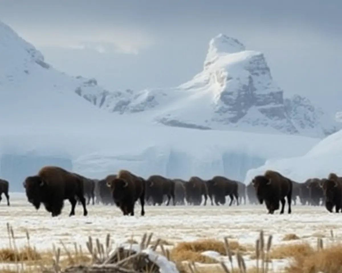 Giant Bison Roaming Frozen Tundra