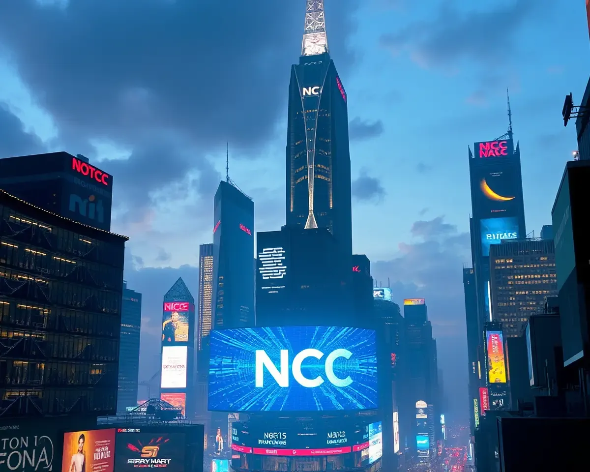 Giant NCC Logo in Futuristic Cityscape