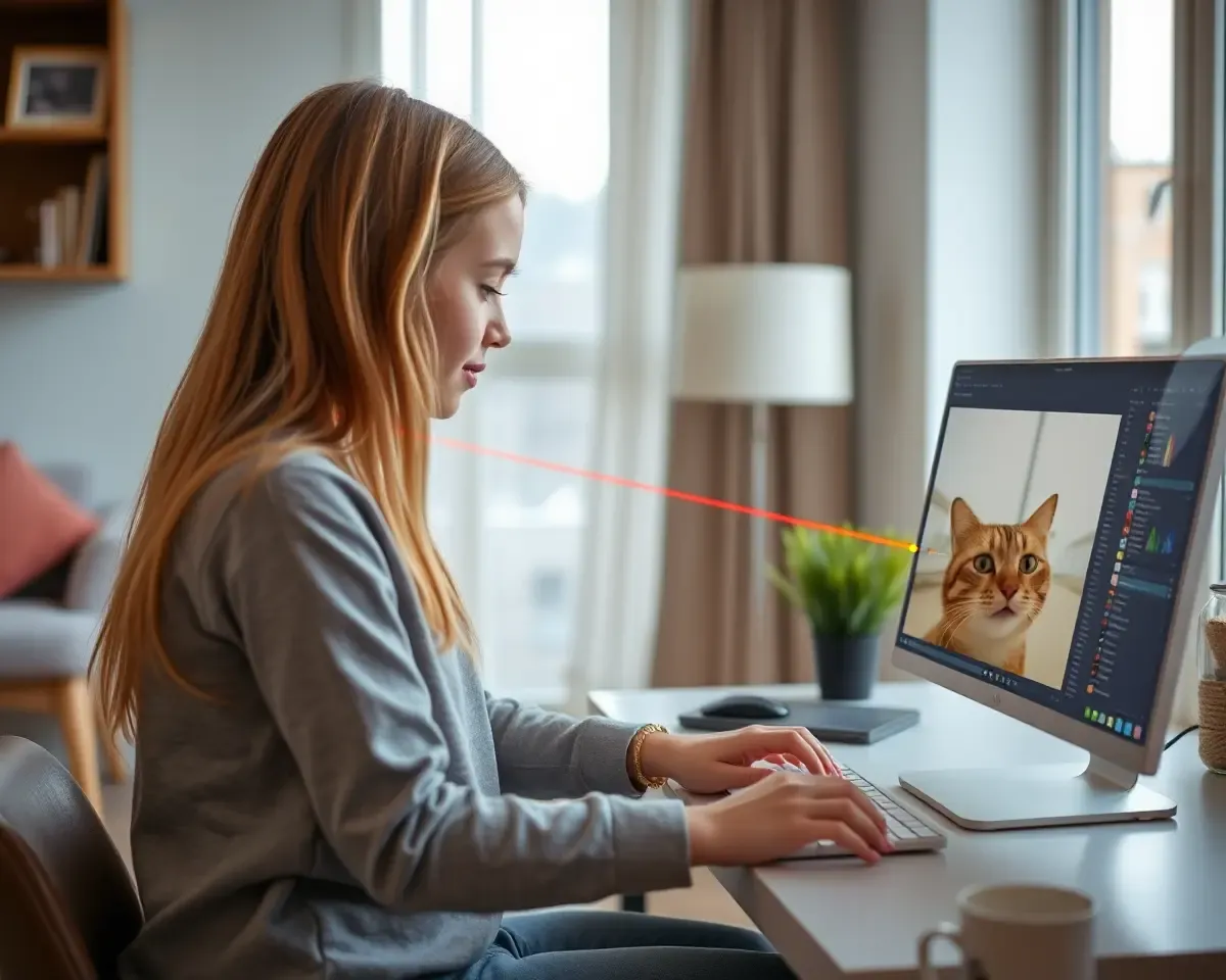 Girl Edits Funny Cat Video on Computer