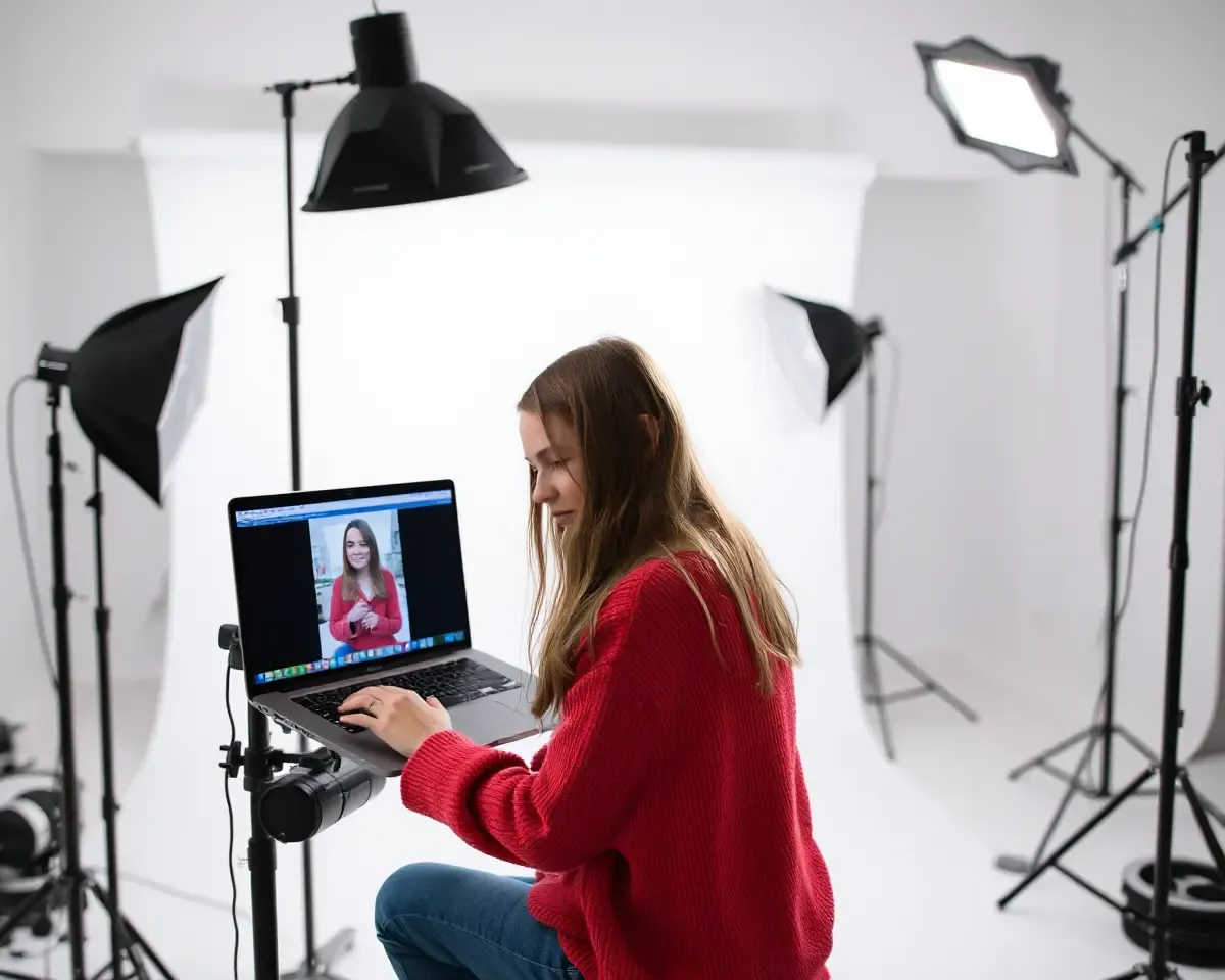 Girl Edits Selfie in Studio Background