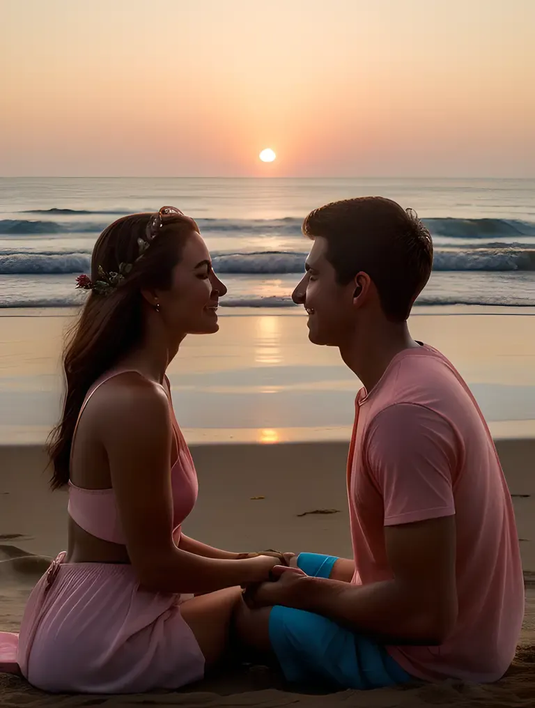 Girl and Boy's Romantic Sunset Beach Hand-Holding Moment in HD