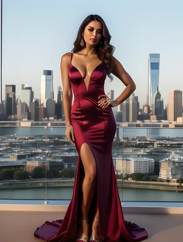 Glamorous Cityscape Hot Sexy Model Evening Gown