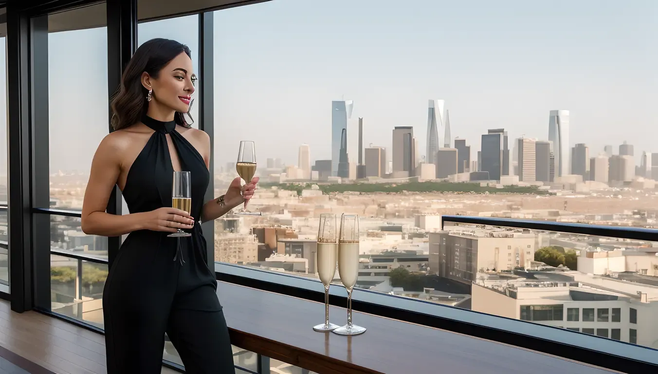 Glamorous Housewife in Black Jumpsuit with City Skyline