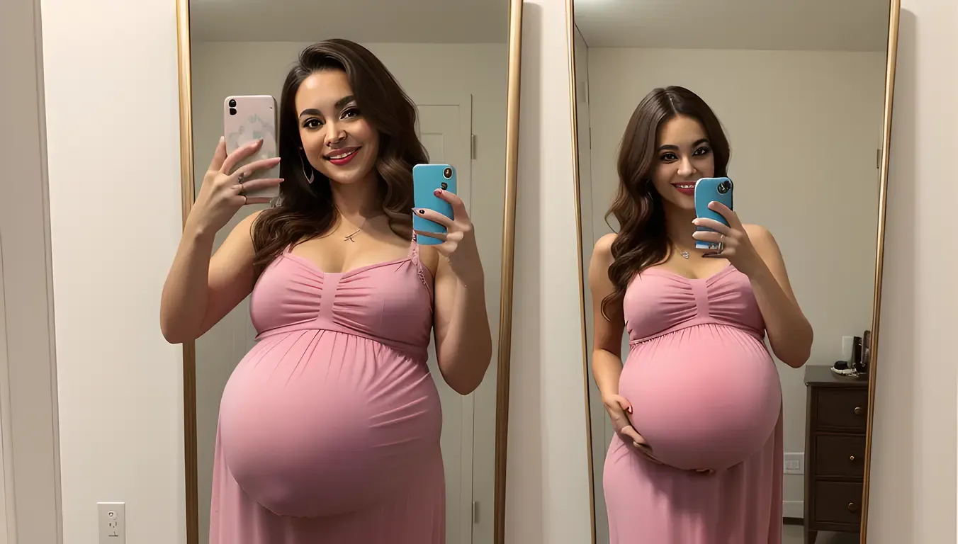 Glamorous Pregnant Girl Taking Selfie in Front of Mirror