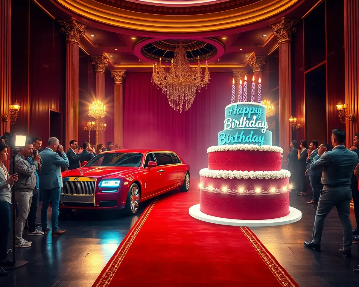 Glamorous Red Carpet Birthday Background with Limousine and Cake