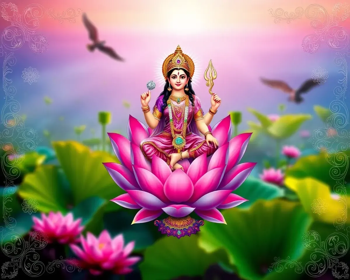 Goddess Lakshmi on Lotus Flower Wallpaper Design