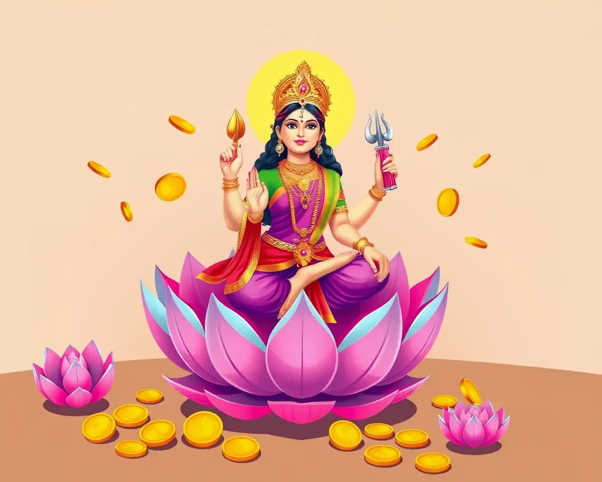 Goddess Laxmi Illustration on Lotus Flower with Wealth Symbols