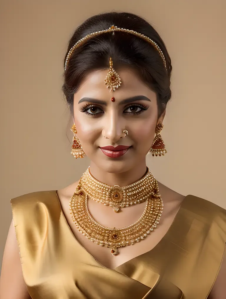 Golden Dupatta and Beaded Necklace on Dulhan's Portrait