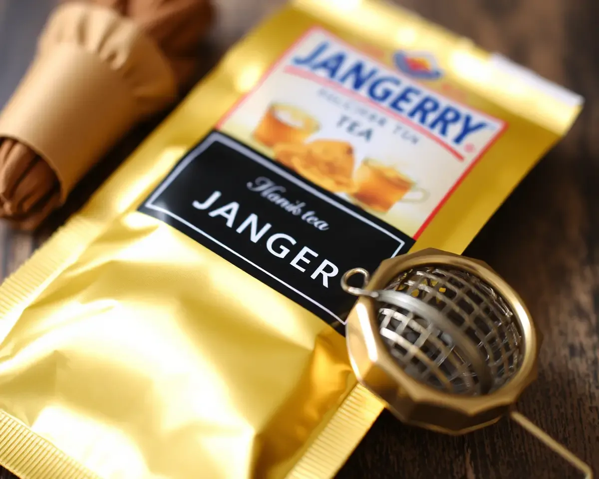 Golden Jaggery Tea Packet with Tea Infuser Close-Up