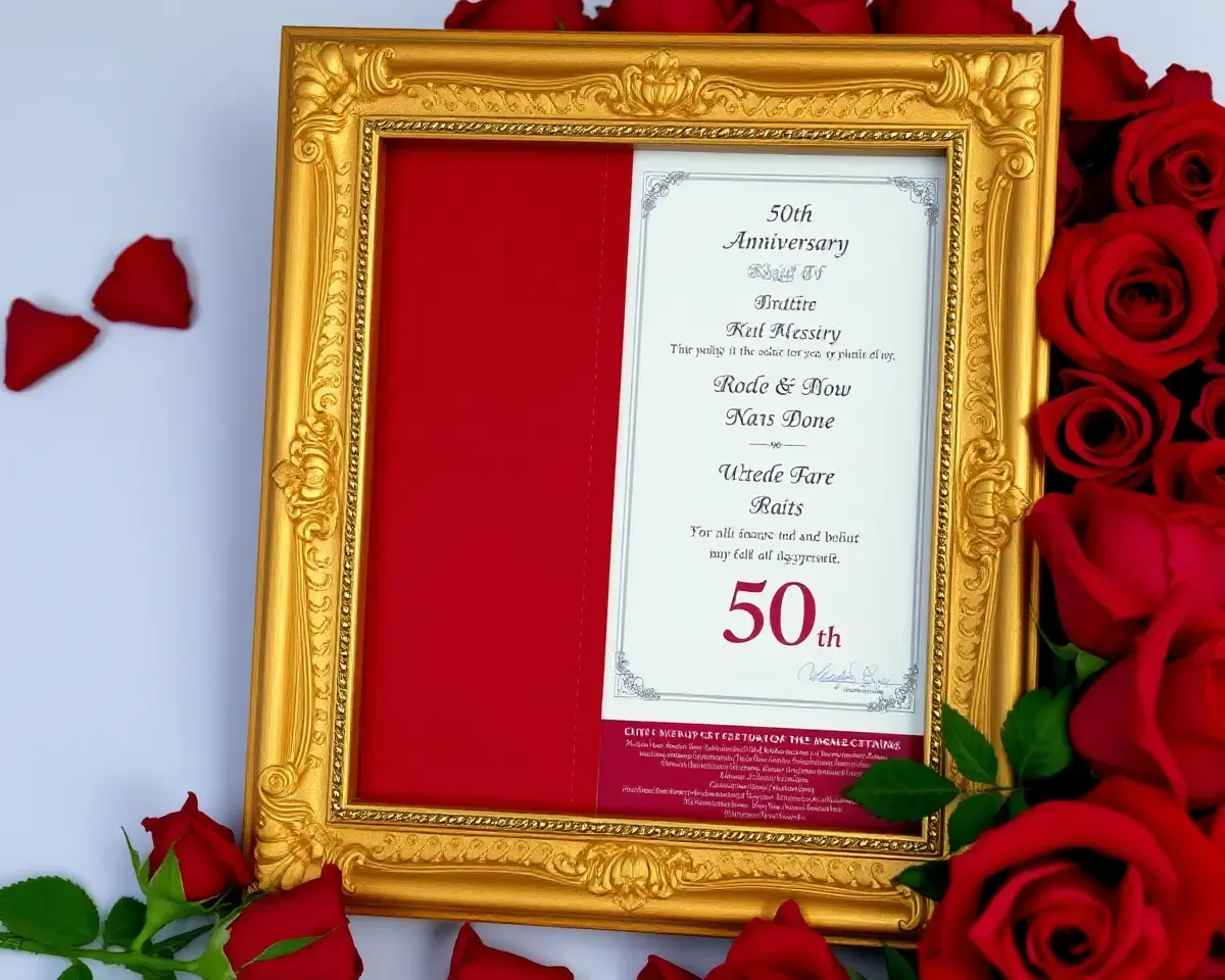 Golden Picture Frame with 50th Anniversary Certificate and Roses
