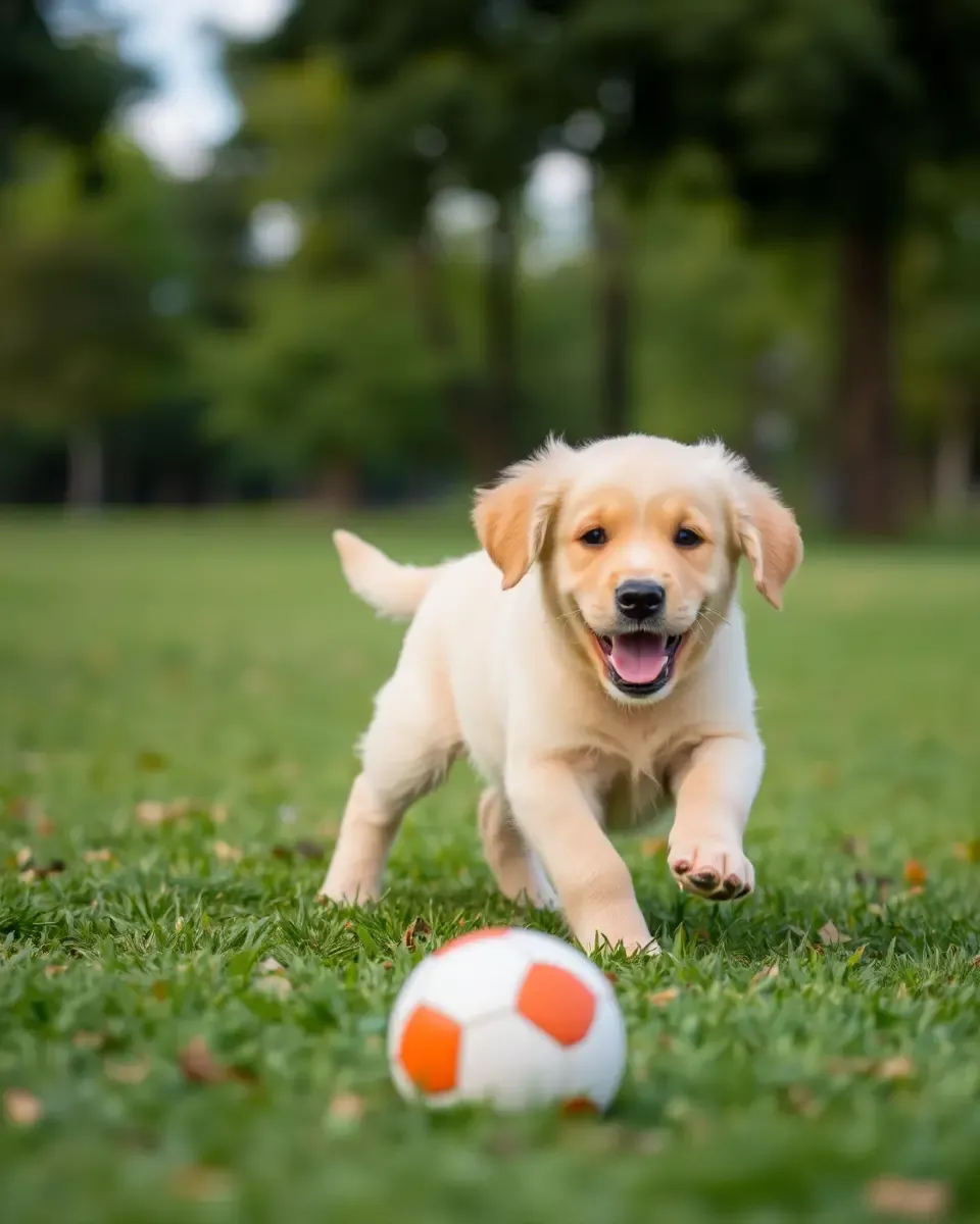 Golden Retriever Chases Ball in Green Park
