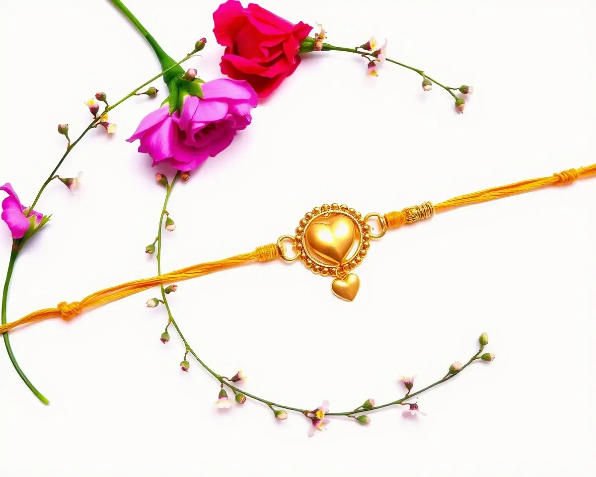 Golden Thread and Heart Charm on Creamy White Background Fancy Rakhi