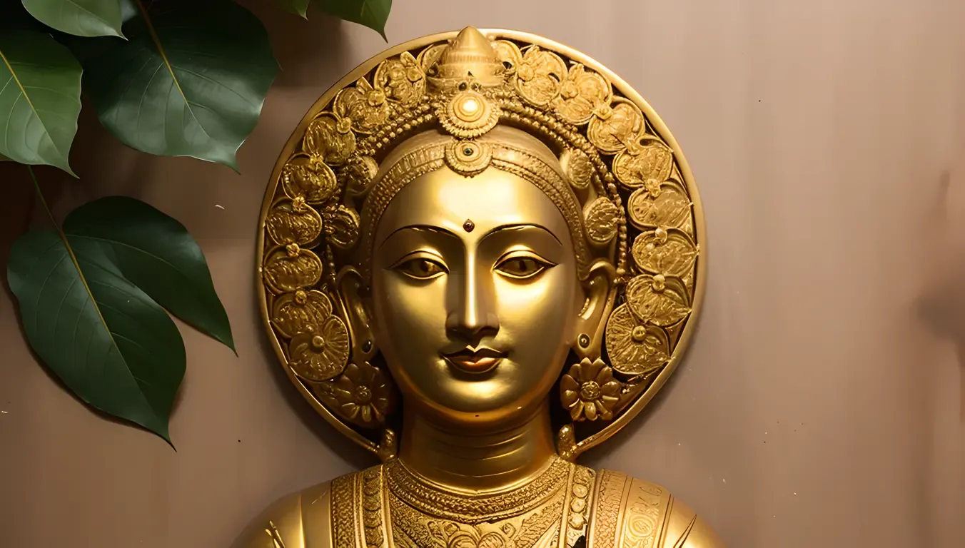 Golden Veena with Saraswati's Face Embossed on Floral Background
