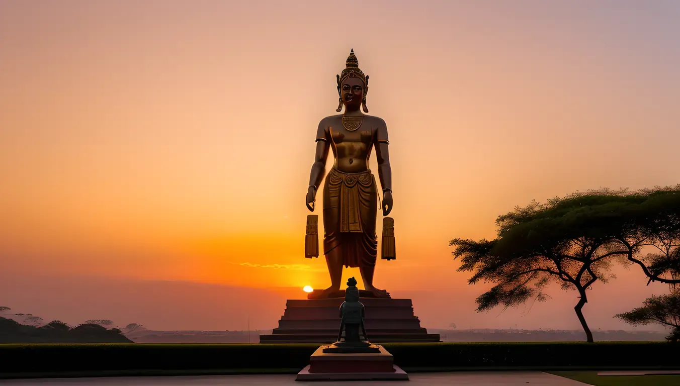 Gommateshwara Statue at Sunset with Orange and Pink Sky