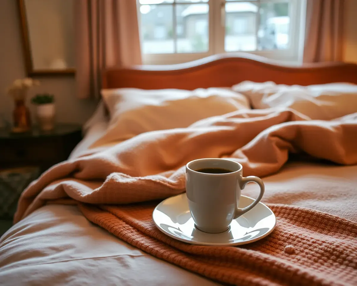Good Morning Sunday: Cozy Bedroom with Plush Bed and Coffee