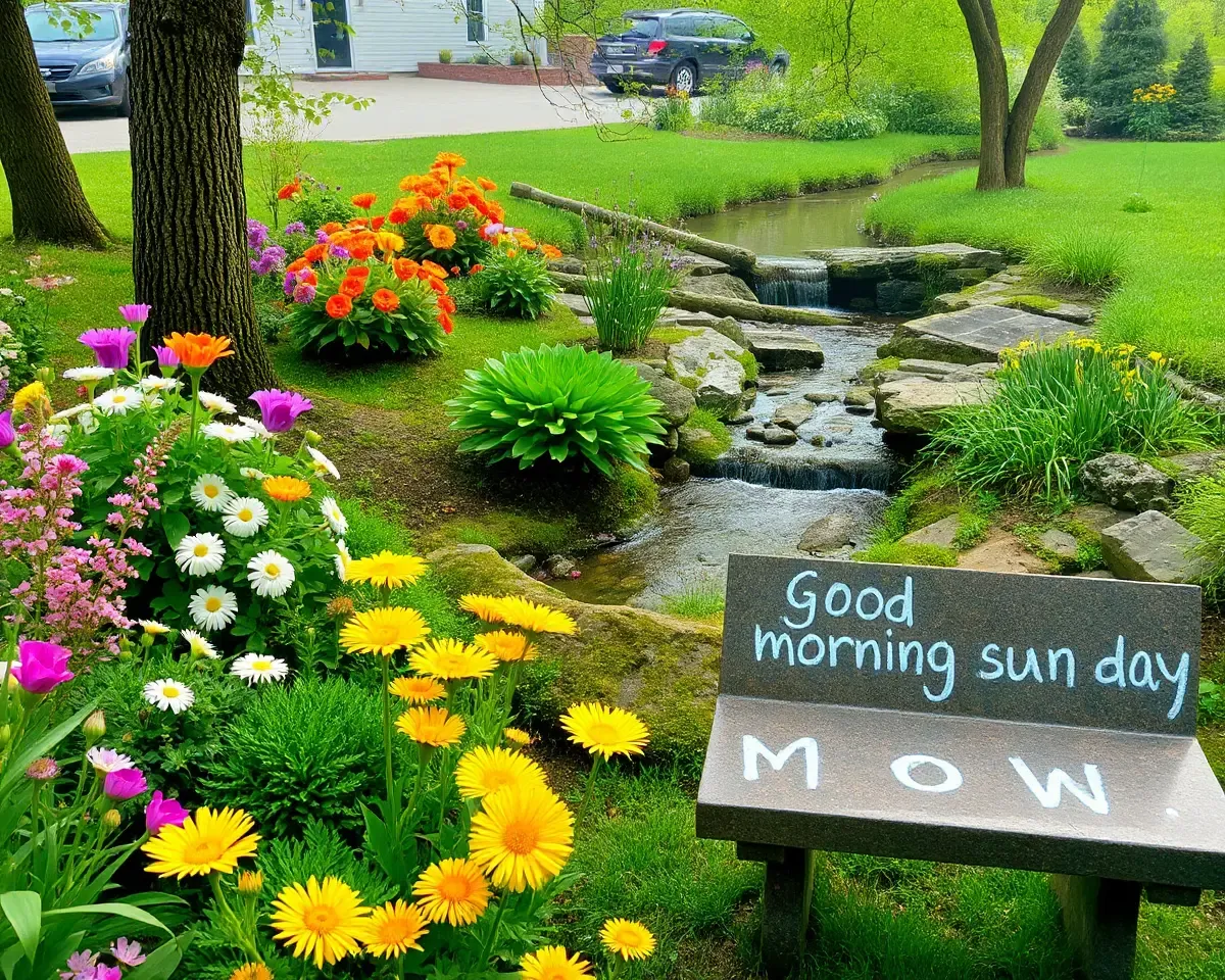 Good Morning Sunday: Peaceful Garden with Flowers and Brook
